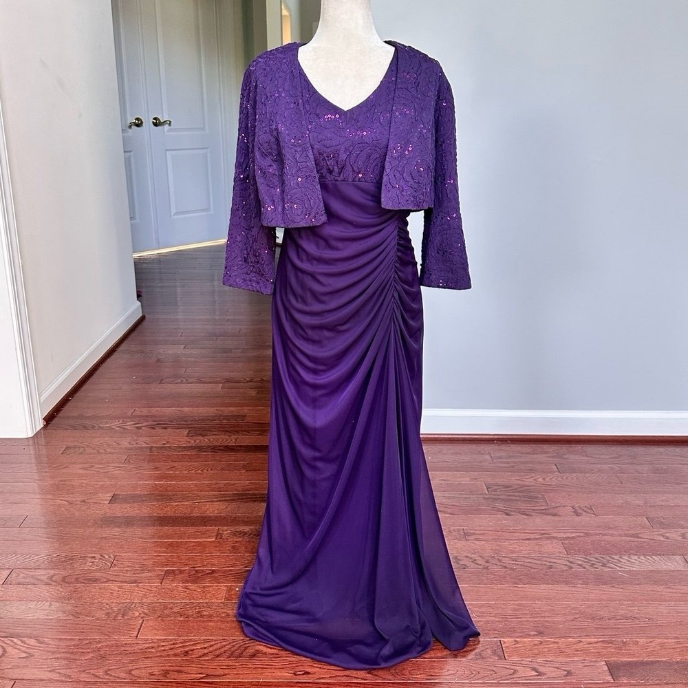 Jeanne‎ Alexander Purple Side Ruched Maxi Dress & Cardigan Matching Set Size 16